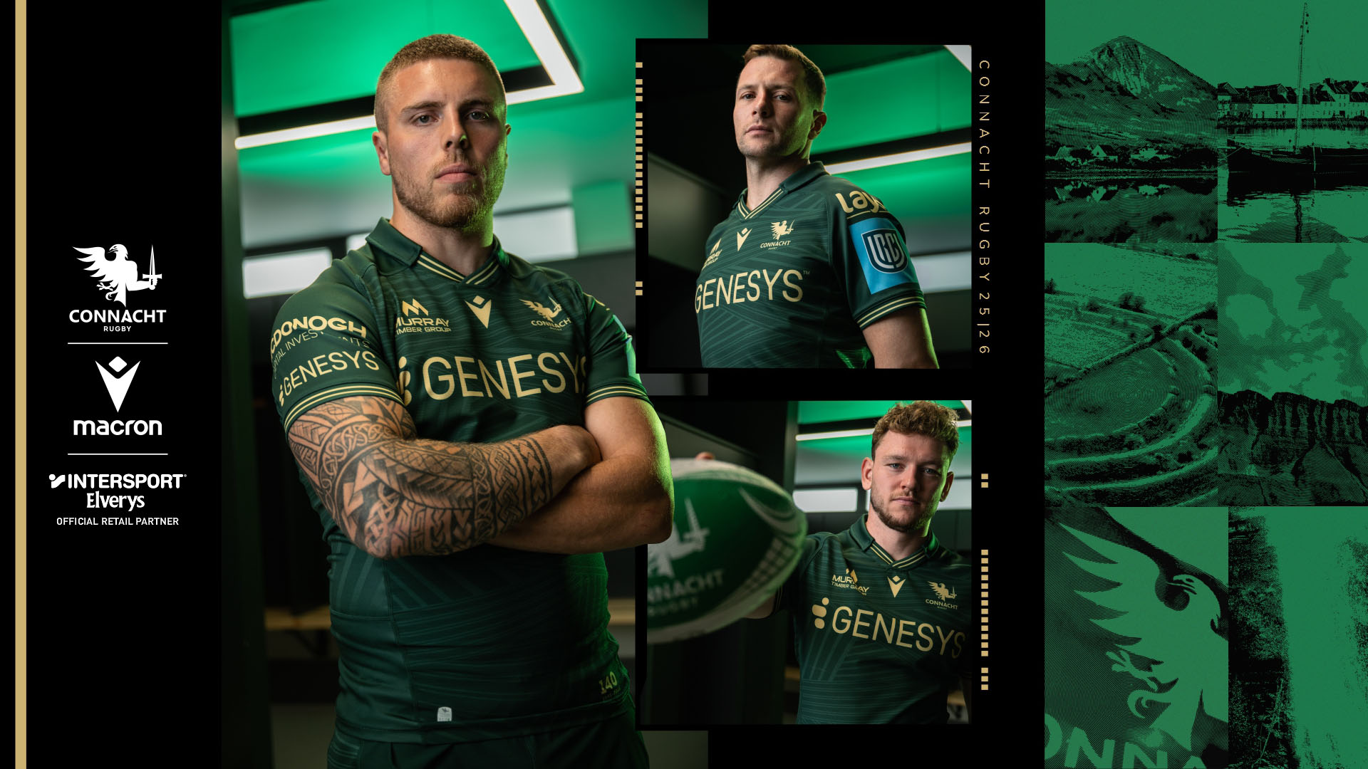 Green and gold in Connacht Rugby 2025/26 Home kit by Macron